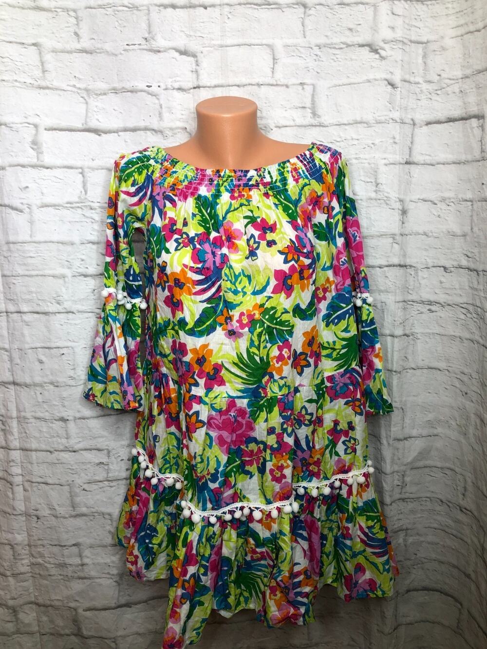 True Destinations Resort Wear Off Shoulder Tropical Dress M Floral Cotton Poms